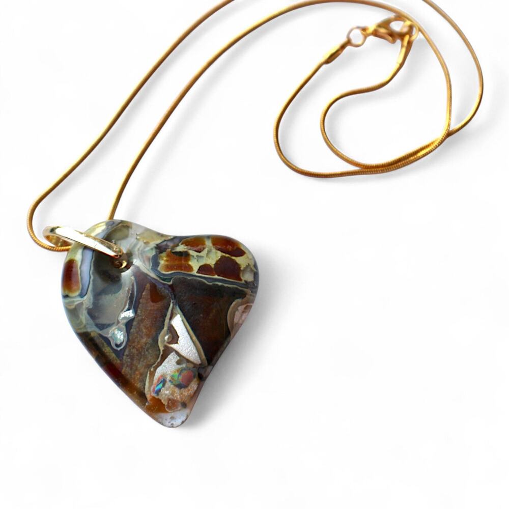 Heart Pendant Necklace with Animal Print – Gold Accents, Glass Fused Jewelry,